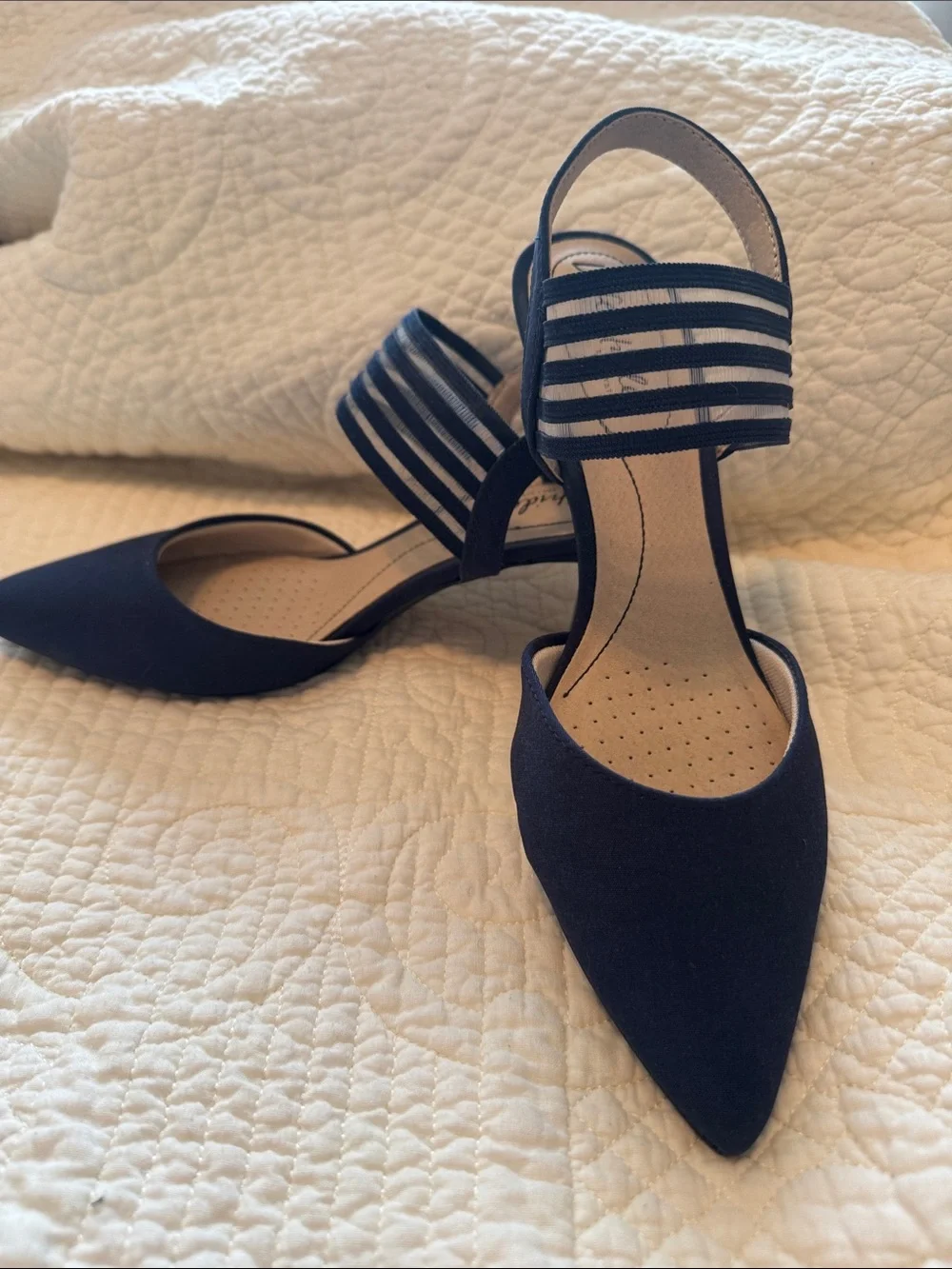 Life Stride Navy Pointed Slingback Pumps with Strappy Ankle